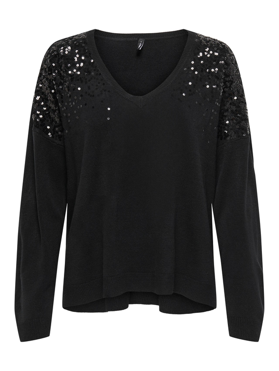 ONLSTARRY LS SEQUIN BOXY V-NECK KNT
