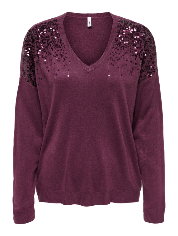 ONLSTARRY LS SEQUIN BOXY V-NECK KNT