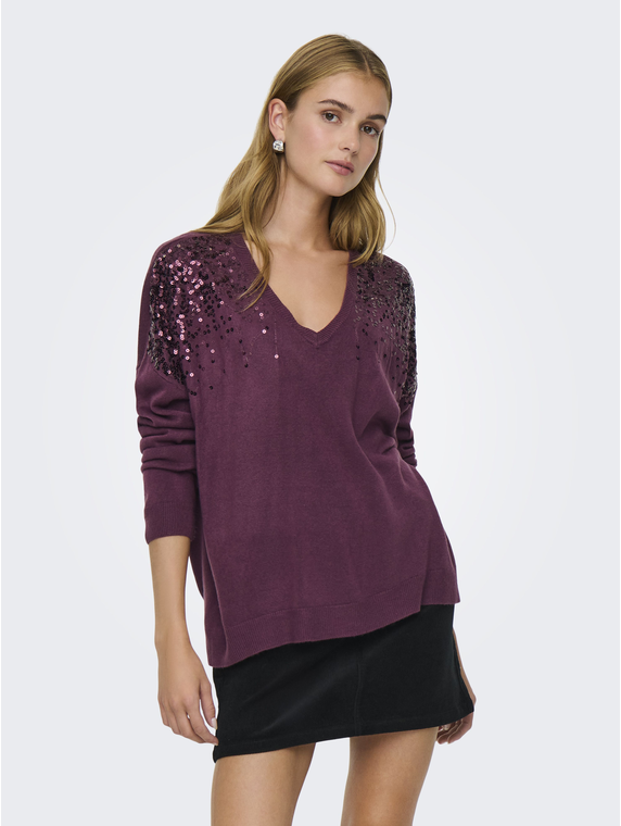 ONLSTARRY LS SEQUIN BOXY V-NECK KNT